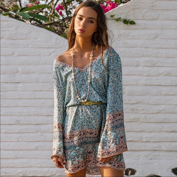 Boho Floral Gypsy Print V Neck Tunic Dress Yellow - Picture 5 of 5